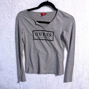 Guess Vintage Los Angeles Gray Long Sleeve Notch Neck Box Logo Tee Shirt SZ S
